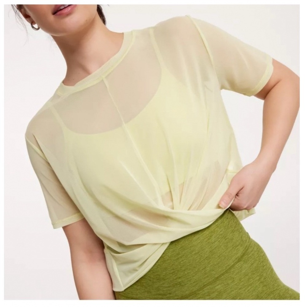New CALIA Mesh Front Twist Top Medium Yellow Cropped Tee Sheer Activewear Layer
